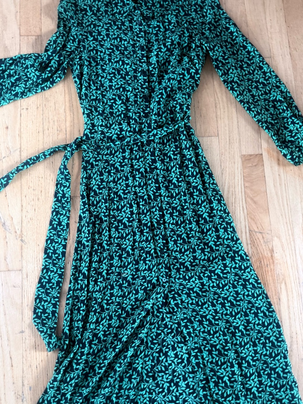 Zara Black Dress with Teal Leaf Print — Long Sleeve Wrap Style XS like new